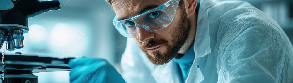 Poster a focused scientist examines a sample under a microscope, portraying precision and dedication in a l