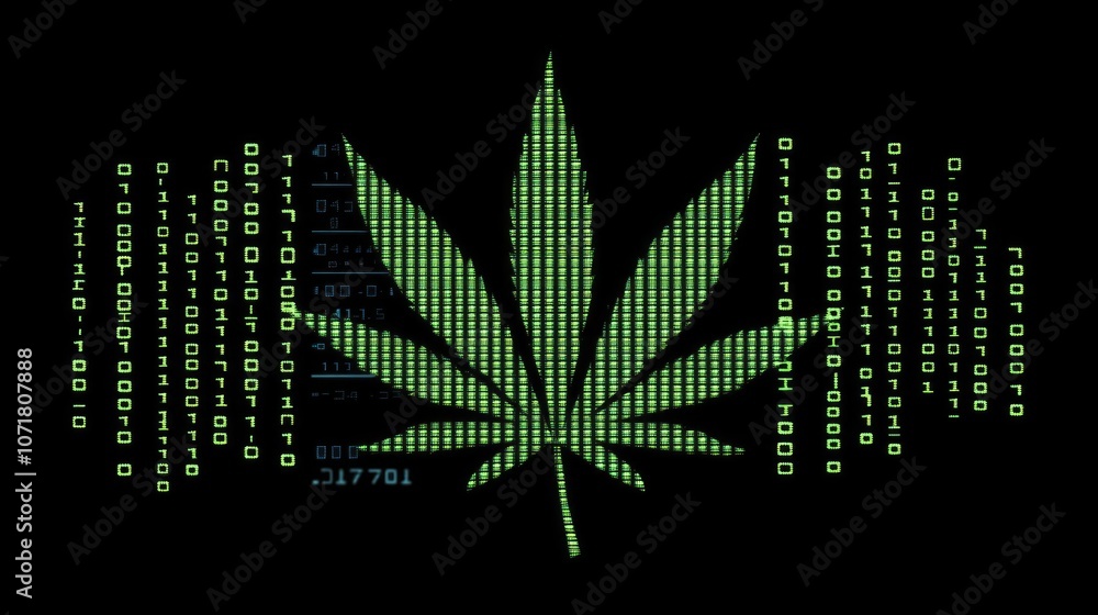 Poster green leaf with binary code background concept