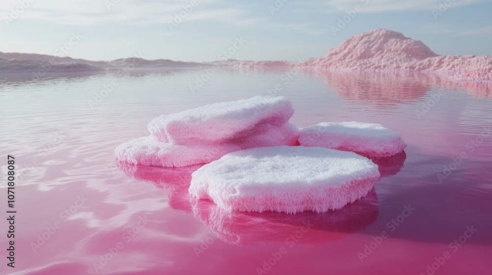 Poster a pink lake with ice floating on it