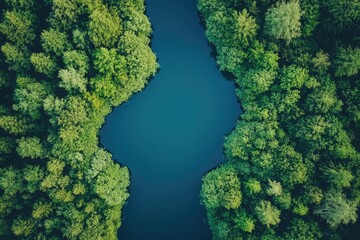 Naklejka premium Breathtaking aerial view of green forest surrounding tranquil blue lake