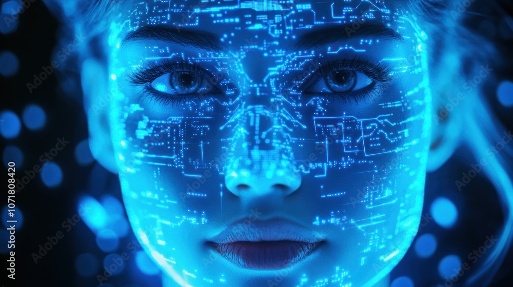 Poster a close-up of a woman's face illuminated with digital circuitry patterns, symbolizing technology.