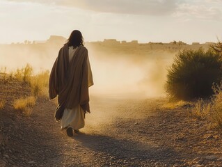 depiction of jesus walking on a dusty path towards jerusalem, evoking a sense of spiritual journey and historical reverence