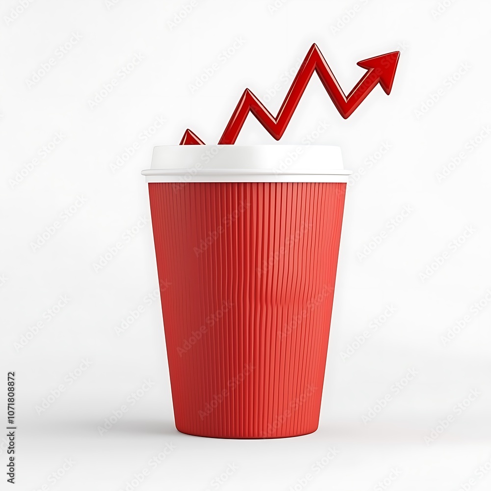 Poster A red cup with a white lid and a red arrow pointing upwards. The cup is empty and the arrow is drawn on the lid. Concept of progress and growth