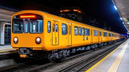 Fototapeta premium A vibrant yellow subway train arrives at a dimly lit underground station, showcasing urban details and soft lighting in an evening atmosphere