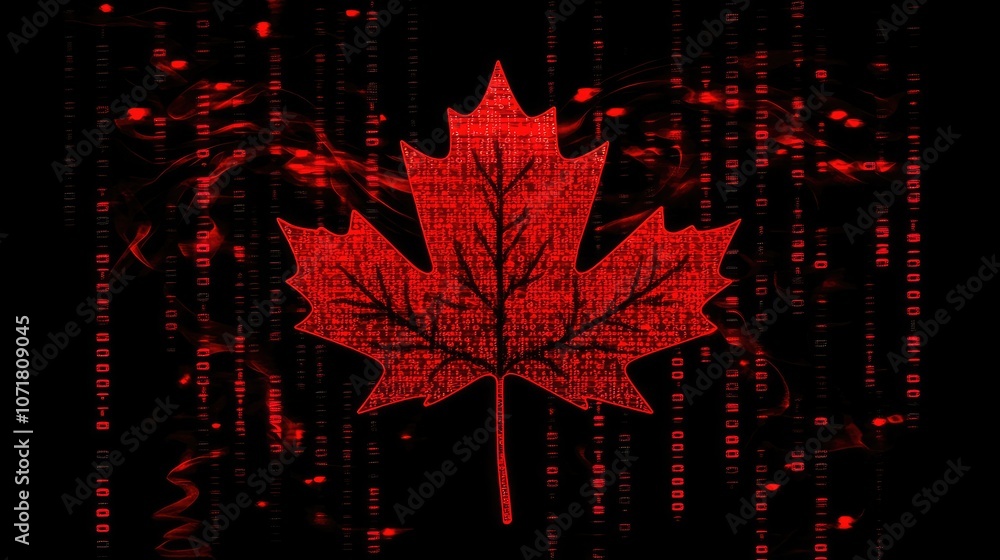 Aufkleber red maple leaf on black background with digital patterns