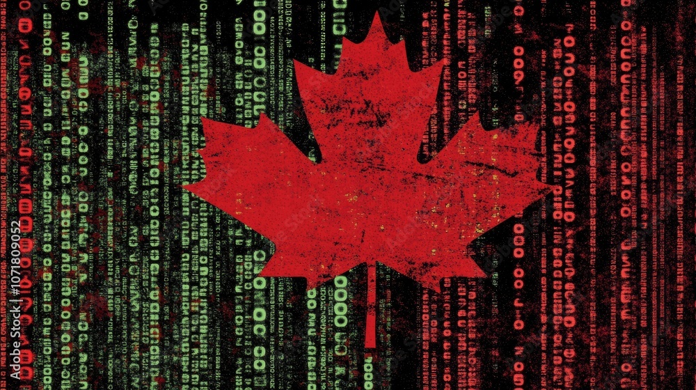 Poster abstract canadian flag with binary code background