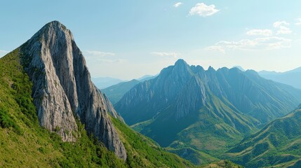 Majestic Mountain Range with Green Foliage and Clear Sky   Panoramic Landscape