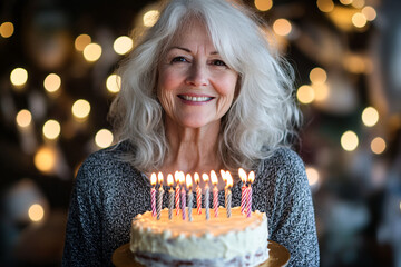happy beautiful senior woman holding birthday cake with candles over festive background, birthday celebration concept