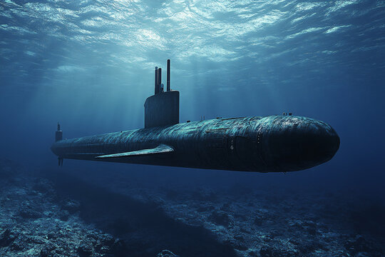 big military submarine in the ocean, underwater view