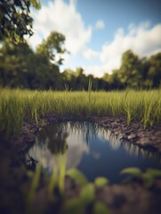 Obraz premium Tranquil Meadow Puddle Reflection