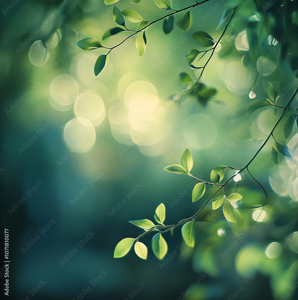 Aufkleber A branch with green leaves hangs in the sunlight, creating a beautiful bokeh effect in the background
