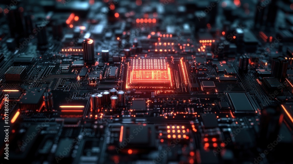 Aufkleber a close-up view of a futuristic circuit board with glowing elements.