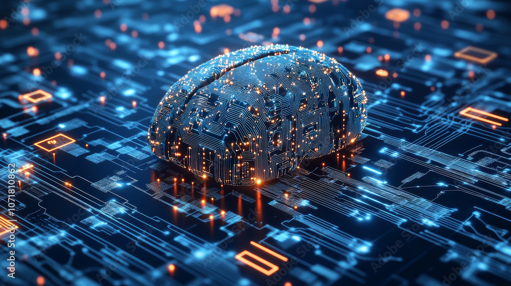 Poster a 3d image of a digital brain, showing its complex circuits and artificial intelligence technology.