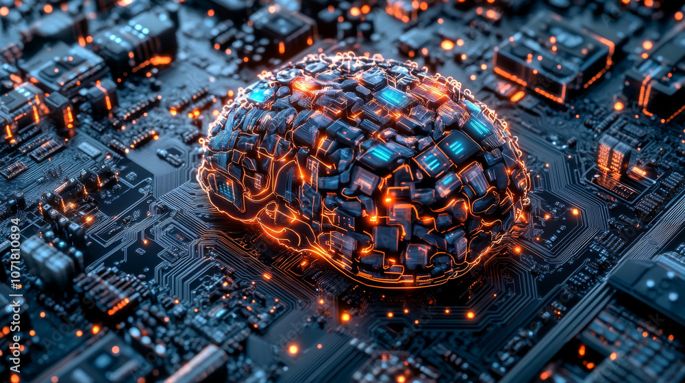 Poster a 3d image of a digital brain, showing its complex circuits and artificial intelligence technology.