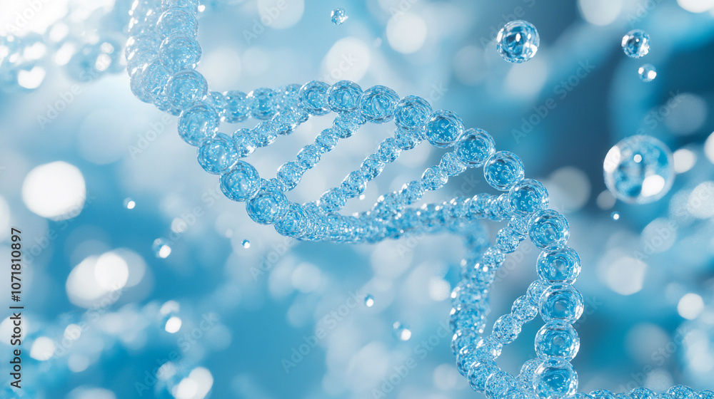 Aufkleber close-up of a dna double helix structure in water with bubbles and light reflections