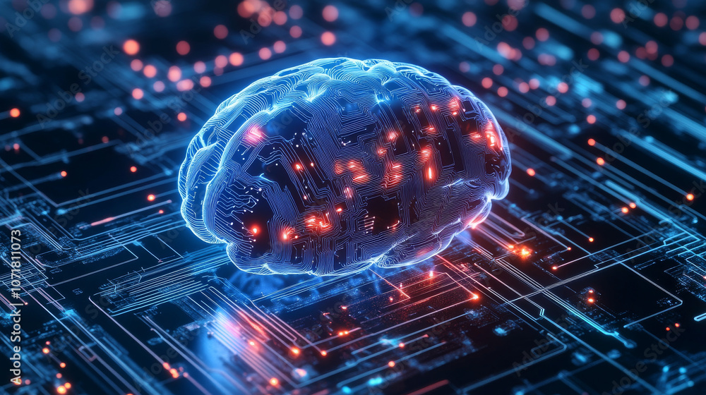 Poster a 3d image of a digital brain, showing its complex circuits and artificial intelligence technology.