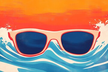 Vibrant sunglasses reflecting a dynamic ocean wave against a bright orange sunset, embodying the essence of summer and seaside fun