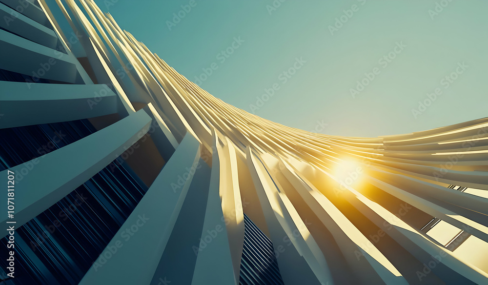 Poster A dynamic architectural structure with curved lines and sunlight reflecting off its surface.