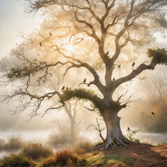 Majestic Tree Silhouette with Birds at Dawn in Misty Forest