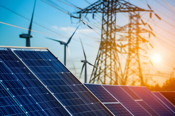 Solar panels in the foreground with wind turbines and power lines at sunset.