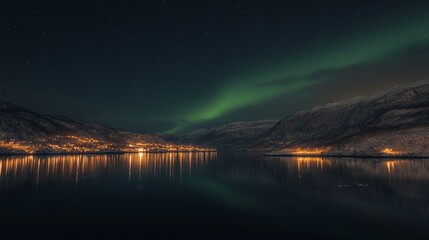A beautiful night sky with a lake and mountains in the background
