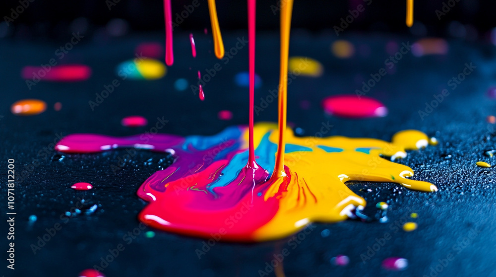 Poster vibrant paint drips and splatters on a dark surface creating an artistic splash of color