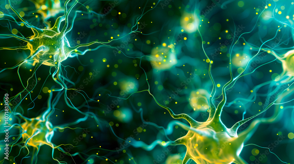 Poster visualization of an ai network featuring glowing green nodes or human brain cells in a futuristic di