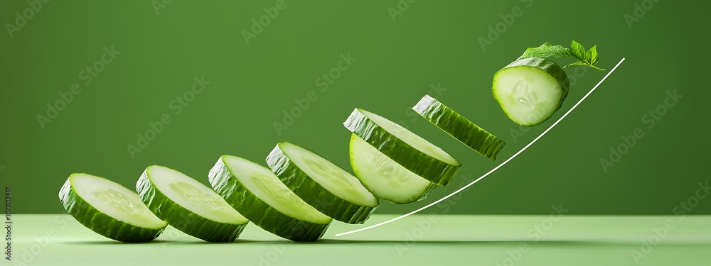 Poster a row of cucumber slices are falling down, with one slice missing. concept of motion and progression