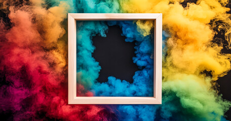 A white frame sits against a backdrop of colorful smoke. The smoke is in hues of red, orange,...