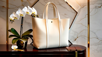 Mockup Luxurious Cream Canvas Tote Bag: Opulent Design with Orchid and Elegant Accents 6