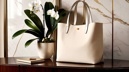 Mockup Luxurious Cream Canvas Tote Bag: Opulent Design with Orchid and Elegant Accents 5