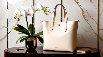 Mockup Luxurious Cream Canvas Tote Bag: Opulent Design with Orchid and Elegant Accents 4
