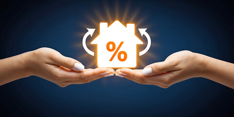Hands holding a glowing house icon with a percent sign and upward arrows on a dark blue background. Mortgage concept.