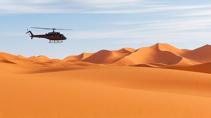 Military helicopter hovers over vibrant orange sand dunes in the midday sun, capturing the stark beauty of the desert landscape
