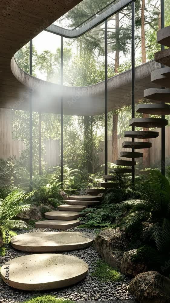 Aufkleber a modern staircase surrounded by lush greenery leads to a second level with large windows offering a