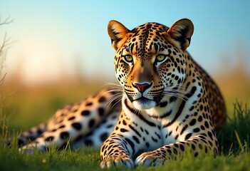Obraz premium Portrait of a leopard lying on a green forest field in sunshine day, wild animal character