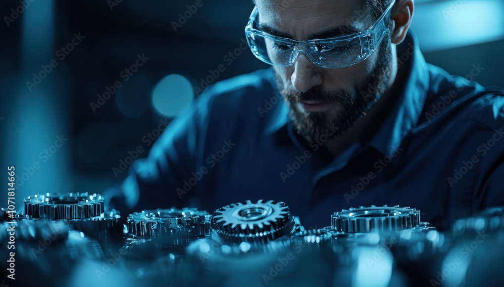 Poster a focused technician inspects gears in a dimly lit workshop, showcasing precision and dedication in 