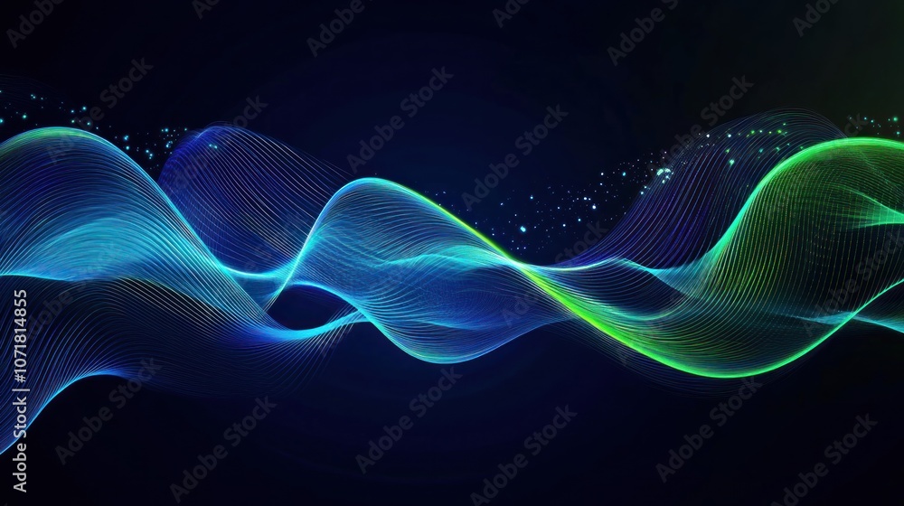 Poster abstract wave design with flowing lines and glowing particles on a dark background.