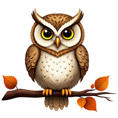 Obraz premium Owl Sitting on a Branch with Autumn Leaves on Transparent Background