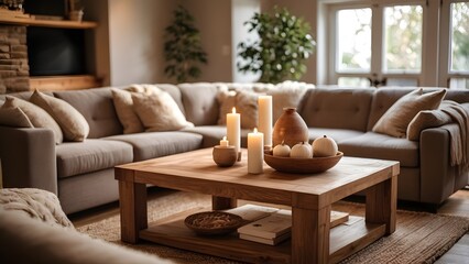 Fototapeta premium Cozy rustic wooden table with warm lighting in inviting living room
