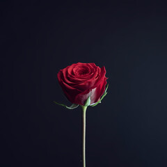 Single red rose on a long stem against a dark background, symbolizing love and passion, perfect for gifting or floral arrangements.