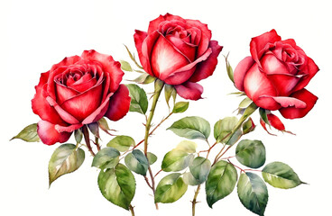 Red roses painted in oil in artistic style. Image isolated on white background