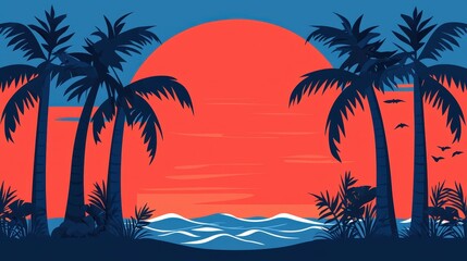 Tropical Sunset Silhouette Palm Trees Beach Ocean Illustration