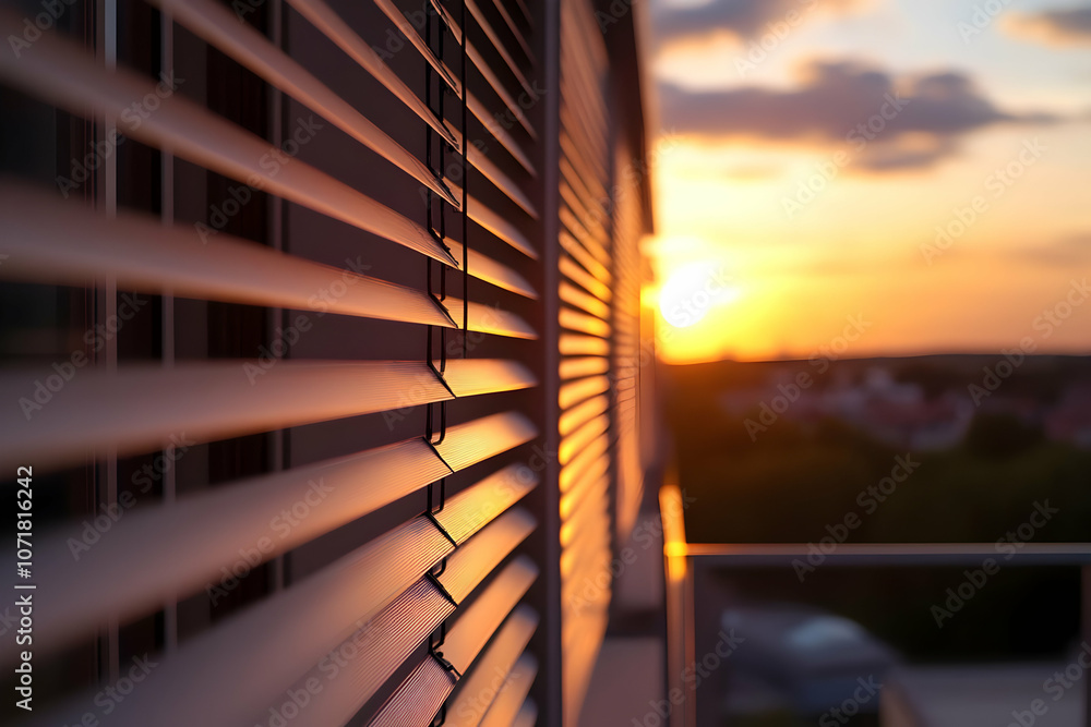 Aufkleber sunset view through window blinds, creating a serene atmosphere.