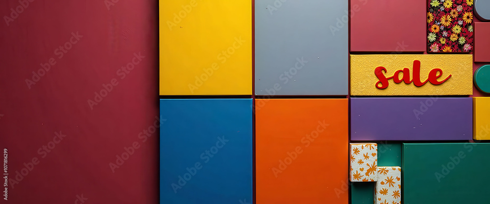 Poster a colorful display of fruit and boxes with a red background. the boxes are arranged in a grid patter