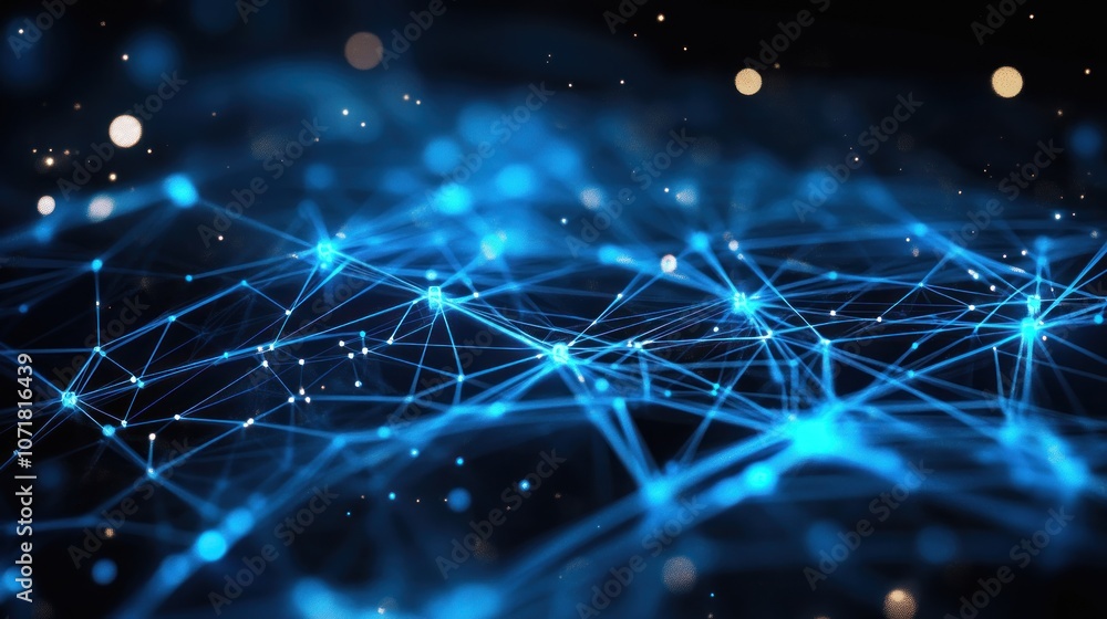 Poster abstract digital network with glowing blue nodes and connections on a dark background.