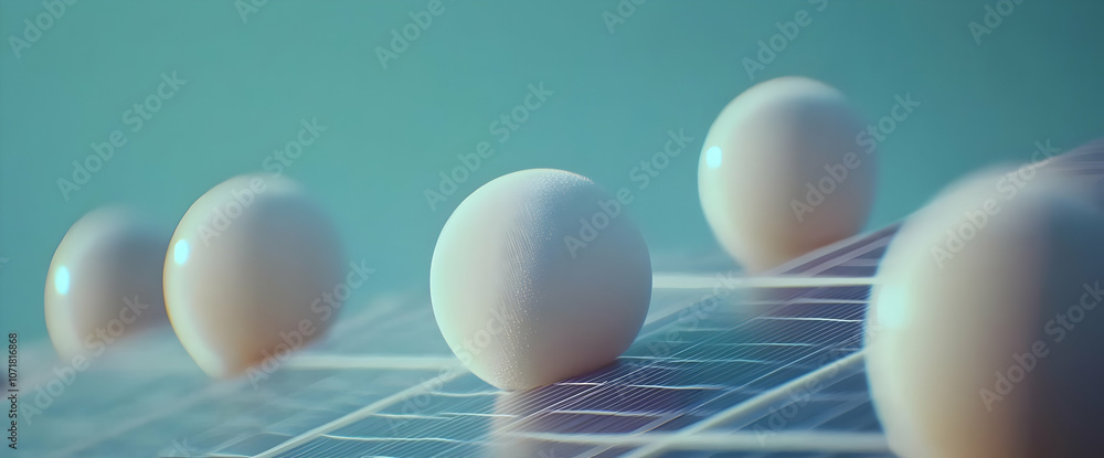 Poster a minimalistic arrangement of spheres on a grid, creating a serene and abstract composition.