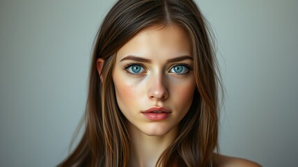 A woman with long brown hair looks directly at the camera with a serious expression
