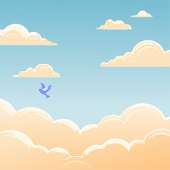 Vector background of Blue sky and orange clouds and one blue bird