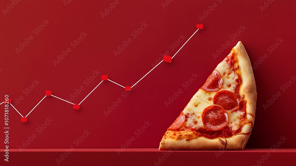 Poster a slice of pepperoni pizza is on a red background with a line graph. the graph shows a downward tren